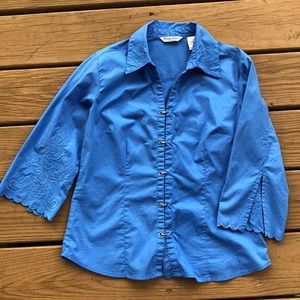 BLUE BLOUSE WITH EMBROIDERED DESIGNS ON SLEEVES